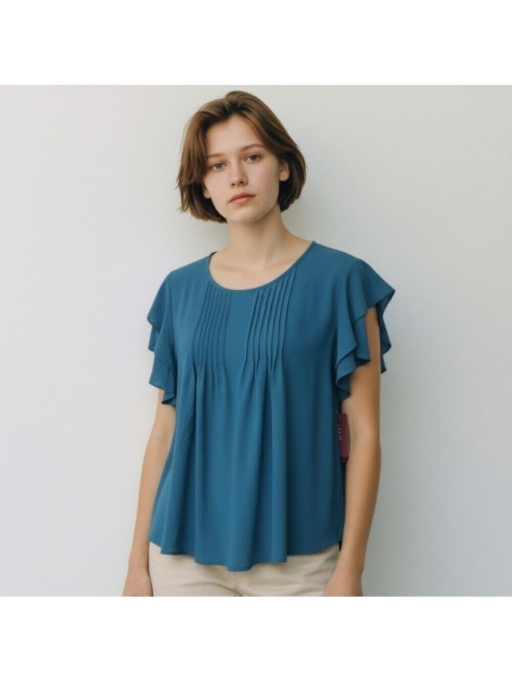 Nwt Scarlett Blue Flutter Sleeve Blouse with Pleated Ruffles New L
